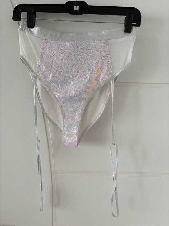 Bear Dance Pants - Small Holographic Silver High-Waist Bikini Bottom with Ties